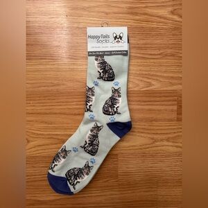 NWT HappyTails Socks Cat Print Socks - Blue and Cream with Silver Tabby
